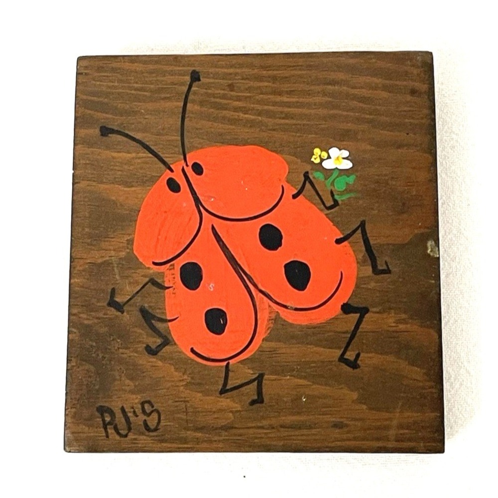 Vtg Hand Painted Ladybug on Wood Block Wall Art Primitive Farmhouse Garden